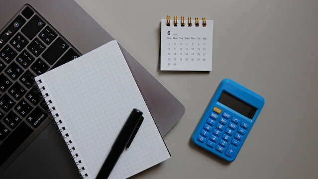 Notebook with calendar. Mock up, template with copy space for text.