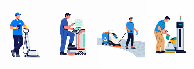 Fototapeta premium Professional Floor Cleaning Service Illustrations Featuring Workers Using Industrial Scrubber Machines and Maintenance Equipment Set