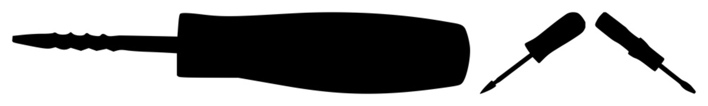Screwdriver set with black silhouette on white background featuring hand tool, mechanical tool, construction item with power tools and household