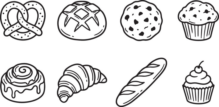 bakery doodle icons set bread pastry cupcake croissant pretzel line art vector illustration