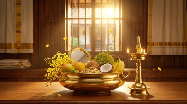 Golden vishu kani display with kanikkonna flowers and oil lamp in a sunlit traditional kerala room.