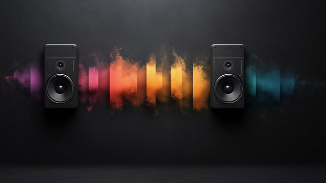 Modern Speakers with Colorful Sound Waves on Dark Background