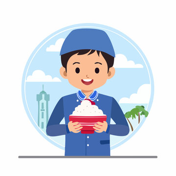 Boy in Muslim Cap Holding Bowl of Rice