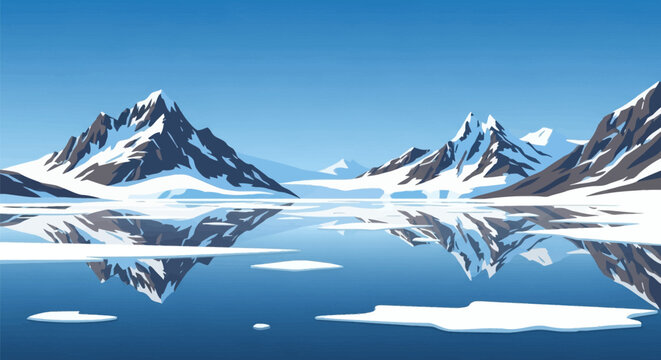 Vector illustration of a serene arctic landscape with snow-covered mountain peaks reflecting in calm blue water with floating ice floes under a clear sky in a minimalist style.