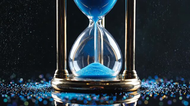 Hourglass with blue sand against dark background highlighting geometric patterns and contemporary art