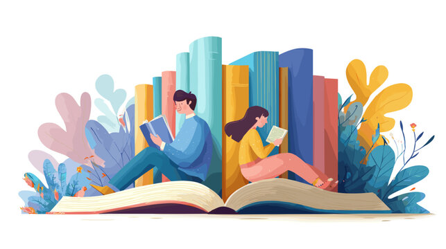 Book Lovers' Quiet Embrace: Two young individuals, immersed in the pages of their books, sit among a colorful stack of literary treasures, illustrating the serene harmony of shared reading.