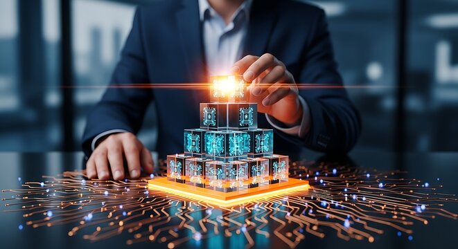 Businessman constructing a glowing pyramid of digital circuit blocks depicting progressive corporate strategy and future artificial intelligence networks