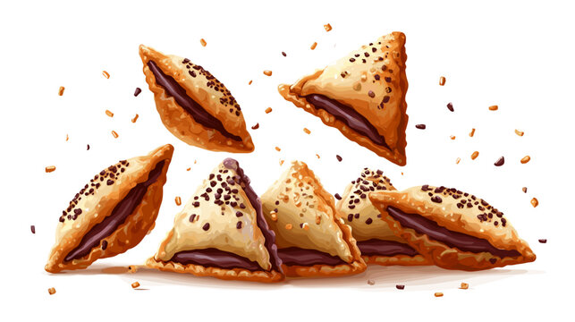 Delectable Hamantaschen: A delightful array of traditional Hamantaschen cookies, each triangle pastry filled with rich chocolate, artfully arranged to tantalize the senses.