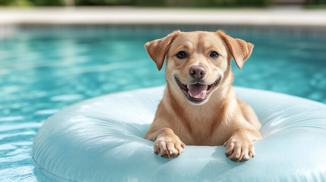 Happy Small Dog Relaxing on Blue Inflatable Pool Float in Bright Summer Swimming Pool