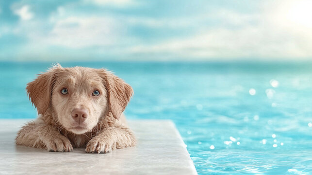 Cute Tan Pet Dog Smiling on Aqua Pool Float for Fun Summer Vacation Lifestyle Concept