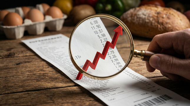 Magnifying glass over grocery receipt with rising red arrow, concept of price increase and consumer inflation