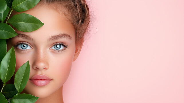 Female Beauty Portrait with Copy Space on Soft Pink Background