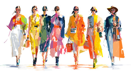 Naklejka premium Runway Ready: A group of stylish models showcasing the latest trends. Each figure strides confidently, embodying the essence of contemporary fashion and elegance. 