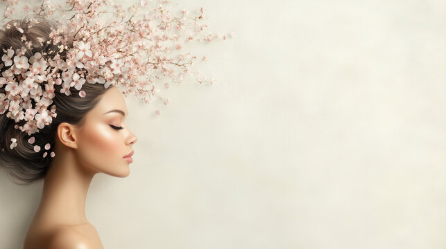 Peaceful Wellness and Natural Beauty Concept Showing Woman Profile Surrounded by Spring Blossoms