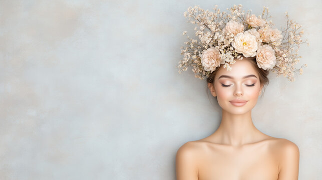 Dreamy Female Profile Portrait with Pink Blossom Hair and Butterflies on Soft Pastel Background
