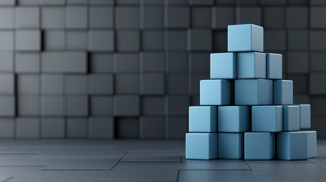 Abstract Data Organization Background with Blue Cube Pyramid and Dark Modular Wall Texture
