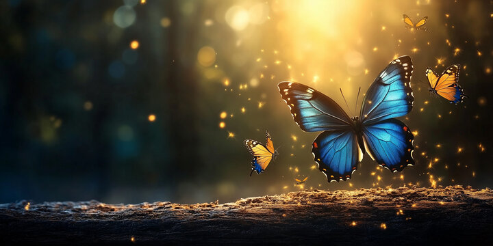 Cinematic Close Up of Blue Butterflies Around Mossy Stone with Soft Light Beam and Mist