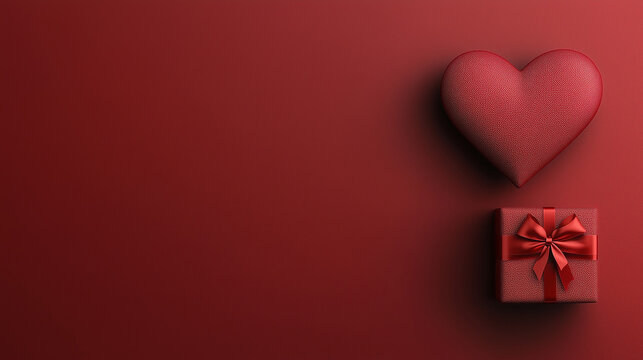 Minimal Red Valentine Background with 3D Heart, Gift Box and Large Copy Space