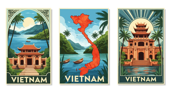 Set of three vintage Vietnam travel posters featuring illustrations of traditional architecture, pagodas, a floral map silhouette, palm trees, mountains, and boats on the water.