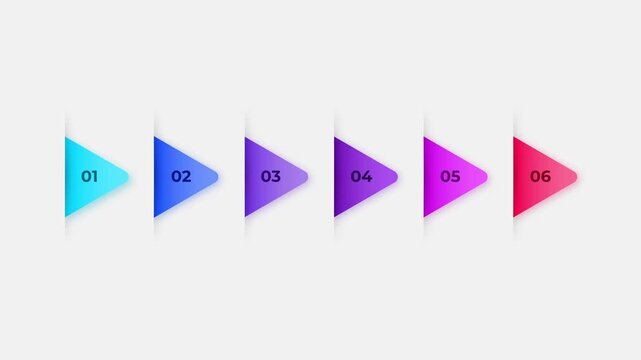 Modern 3D arrow infographic with 6 numbered steps in vibrant blue and purple gradients. Clean timeline design for business process visualization on green screen and white backgrounds.