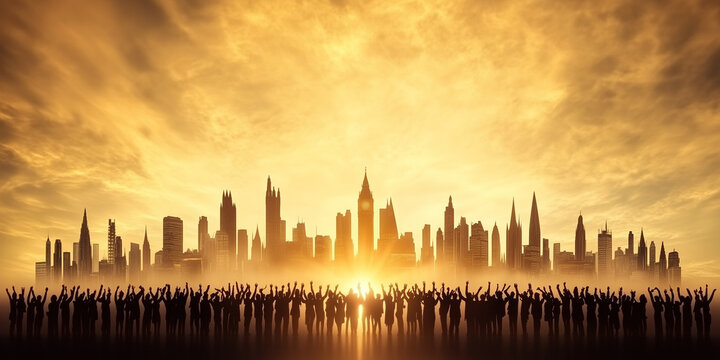 Silhouetted Crowd Facing a Golden City Skyline Under Dramatic Sunrise Light