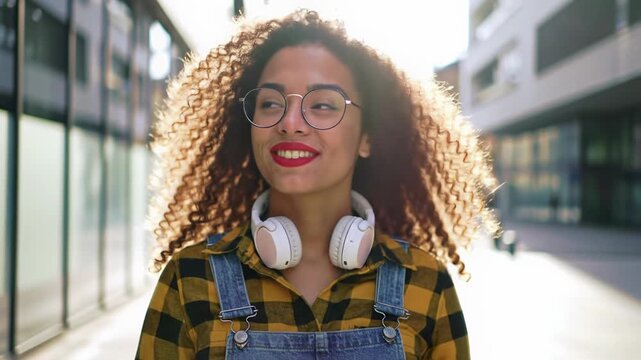 young mixed-race woman with coily brown hair, spectacles, red lipstick, plaid shirt & overalls smiles on a bustling, sun-drenched urban street. Authentic city portrait mood