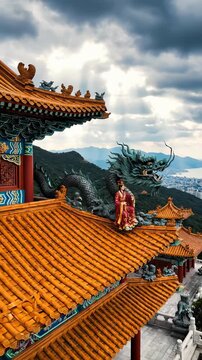Vertical view of traditional temple with dragon statue. Elegant figure stands on rooftop, surrounded by lush mountains. Dramatic clouds create mystical atmosphere.