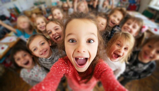 Grupo de ni&ntilde;os sonrientes en un aula creativa. Un grupo de ni&ntilde;os se re&uacute;ne cerca de la c&aacute;mara con expresiones alegres y gestos juguetones, transmitiendo uni&oacute;n, entusiasmo y el ambiente animado
