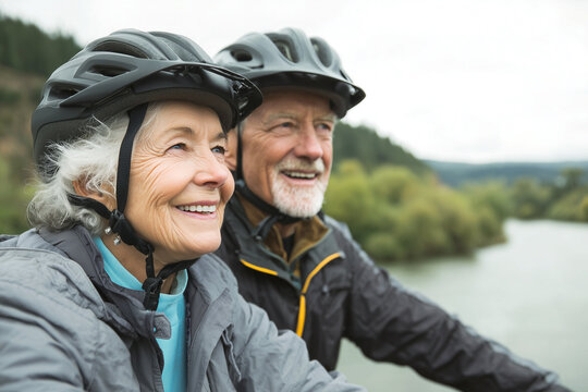 Pareja de adultos mayores realizando bicicleta al aire libre en un entorno natural. Dos adultos mayores avanzan con cascos y ropa deportiva, mostrando vitalidad, motivaci&oacute;n y un estilo de vida 