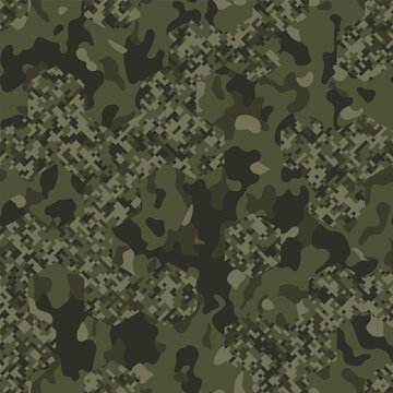 Seamless olive camouflage pattern with Pixel and Spots mixed Hex effect