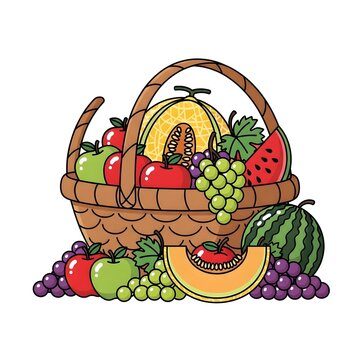 A delightful illustration of a rustic wicker basket brimming with a colorful assortment of fresh, ripe fruits, perfect for healthy eating and natural nutrition, celebrating a rich harvest