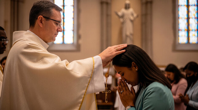 Priest anoints woman's head with holy oil during religious ceremony in church