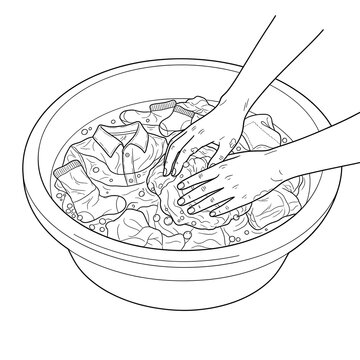 Hand washing clothes in a basin of water, a common household chore and a sustainable laundry method