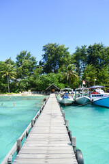Obraz premium Wooden pier with traditional fishing boats on crystal clear turquoise water in Karimunjawa Island, Indonesia