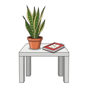 A potted snake plant and a closed book rest on a simple white table, creating a cozy and decorative corner for any room