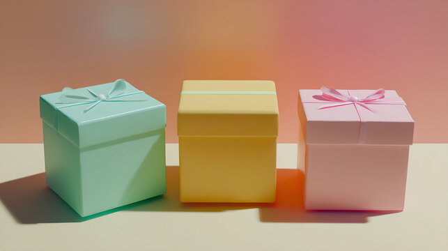 Three Pastel Gift Boxes with Ribbons on Warm Gradient Background and Soft Studio Shadows
