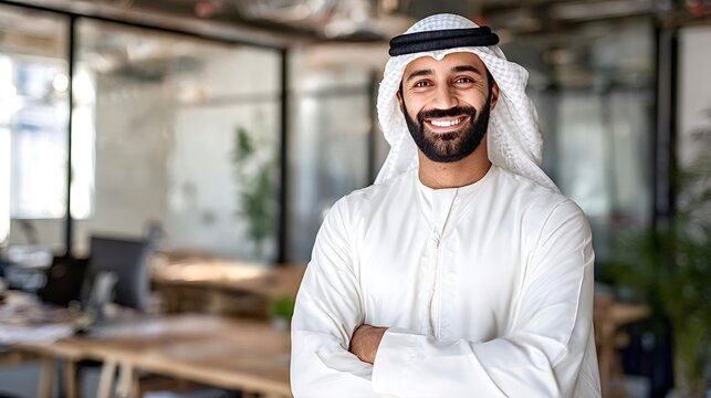 Smiling middle eastern businessman standing in modern office