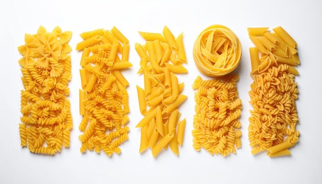 Set of different pasta types on white background, top view 
