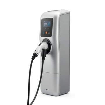 modern electric vehicle charging station with cable plugged in.