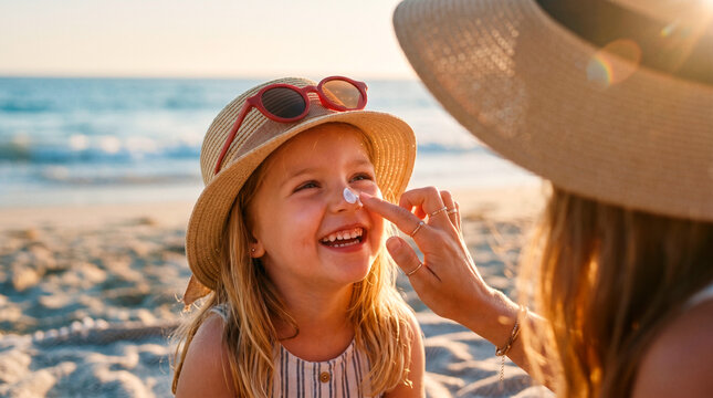 Mother applies sunscreen to her daughter's nose on a sunny beach day