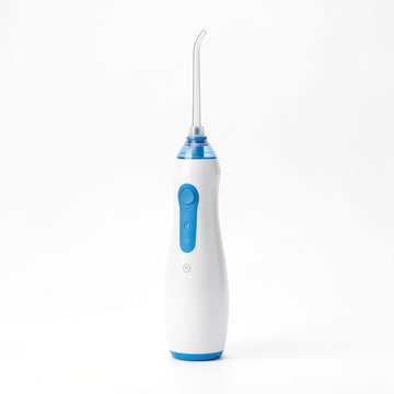 white and blue electric teeth flosser standing on clean background