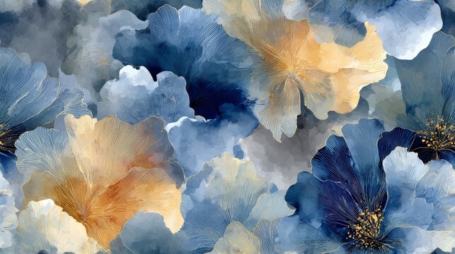 Digital watercolor tie-dye pattern with multiple neutral flowing motifs, abstract twisting and merging like water, soft Morandi palette, delicate textures, highly detailed hand-drawn artwork