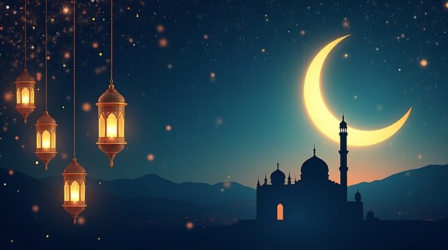 The silhouette of a mosque against a dark night sky with a moon and stars for an Eid Mubarak greeting card