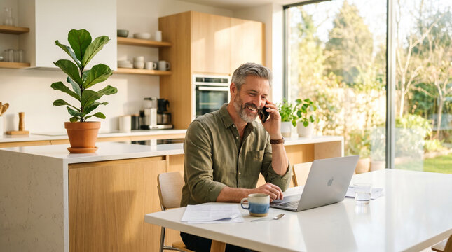 A middle-aged man sitting at a kitchen table working on his laptop while talking on the phone