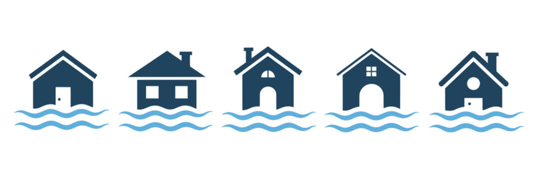 Flooding icon set, natural disaster icon set, home with flood icon, inundation symbol vector illustration, modern flat design