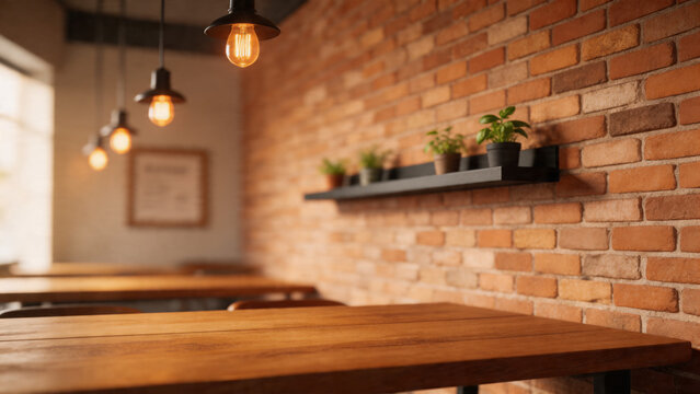 Stylish Modern Cafe with Exposed Brick Wall and Edison Lights - Virtual Background