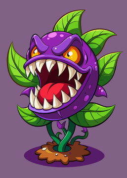 Angry purple venus flytrap monster plant character with sharp teeth
