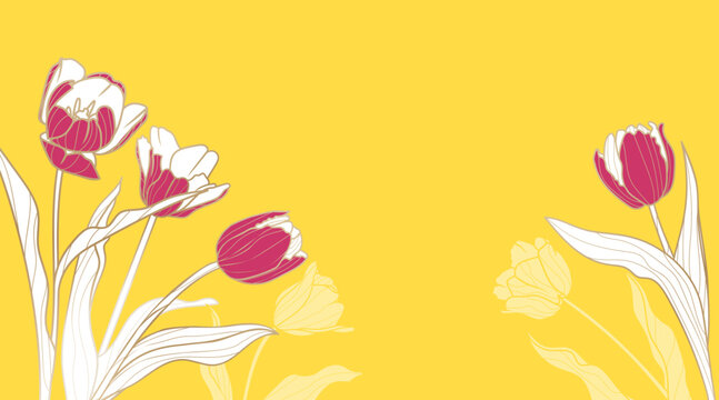 Luxury gold tulip flowers design template. Spring flowers on yellow background for greeting, invitation, wedding card, wall art, wallpaper and print. Vector illustration.