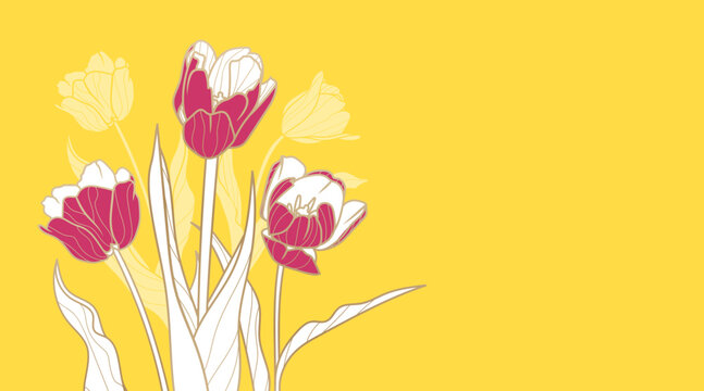 Luxury gold tulip flowers design template. Spring flowers on yellow background for greeting, invitation, wedding card, wall art, wallpaper and print. Vector illustration.