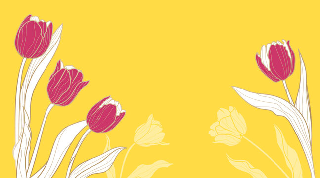 Luxury gold tulip flowers design template. Spring flowers on yellow background for greeting, invitation, wedding card, wall art, wallpaper and print. Vector illustration.